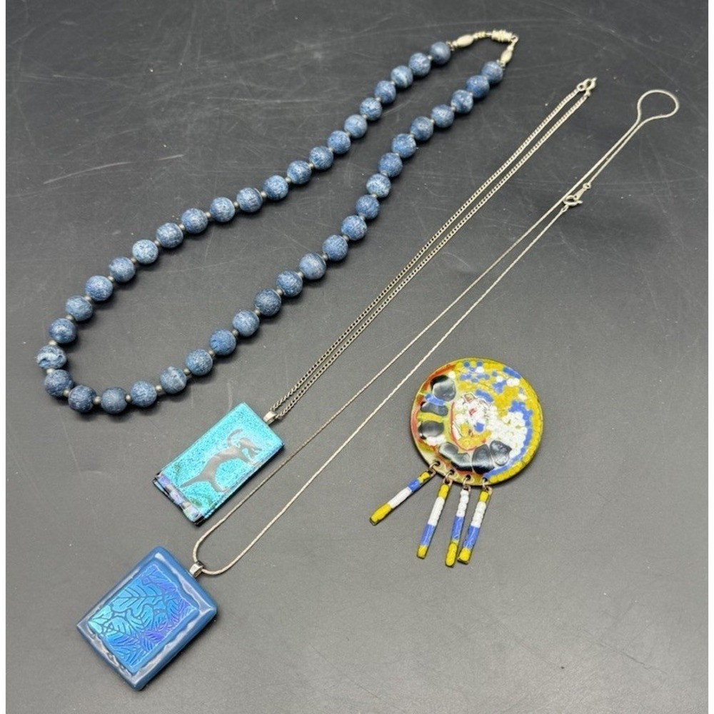 Artisan Jewelry Lot Dichroic Glass Pendants Blue Lava Bead Necklace Enamel Pin